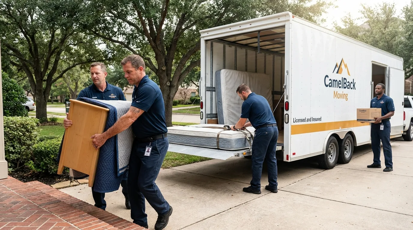 Crew loading residential truck for cross-state move from Lawrenceville, VA
