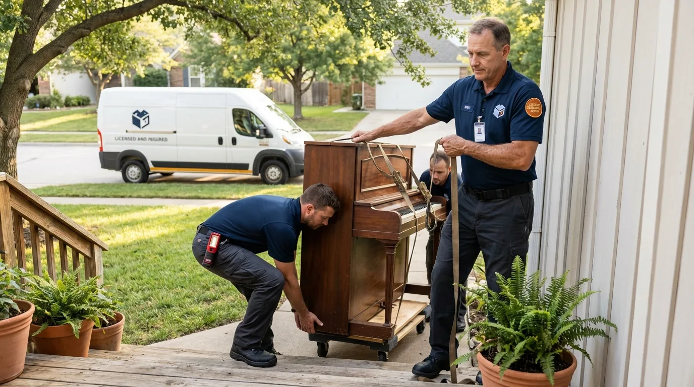 Licensed piano movers securing grand piano in Lawrenceville, VA