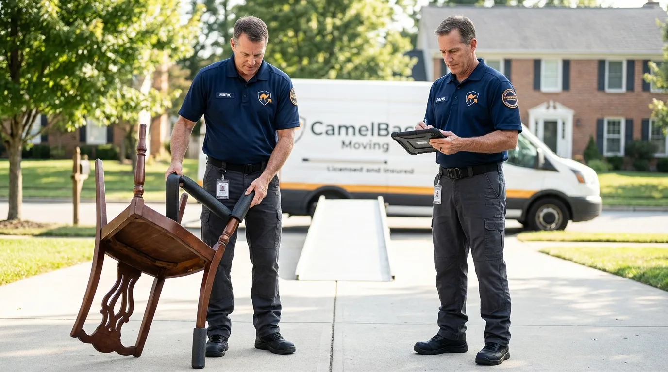 Movers inspecting furniture for damage prevention before loading in Lawrenceville, VA