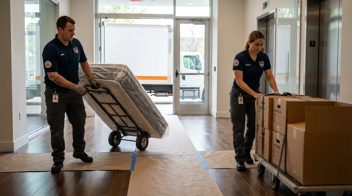 Professional apartment movers loading elevator in Lawrenceville, VA